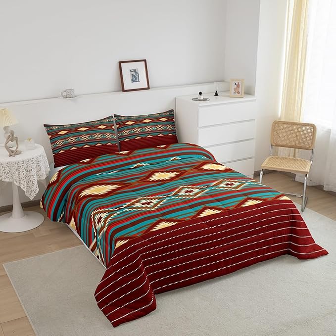 Feelyou Southwestern Bedding Set Geometric Comforter Set for Kids Girls Room Decor Tribal Comforter Toddler Size Native American Design Red Yellow Duvet Set 2Pcs