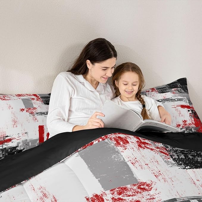Feelyou Abstract Comforter Modern Abstract Art Comforter Set for Boys Girls Children Red Grey Black Pattern Bedding Set Room Decor Queen Size Duvet Set 3Pcs