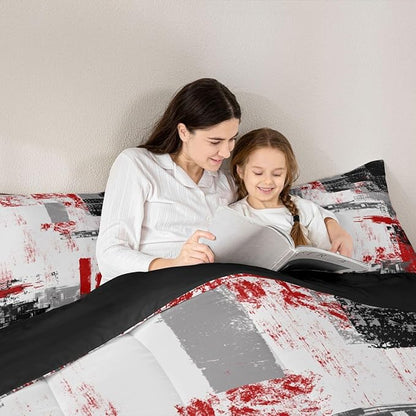 Feelyou Abstract Comforter Modern Abstract Art Comforter Set for Boys Girls Children Red Grey Black Pattern Bedding Set Room Decor Queen Size Duvet Set 3Pcs