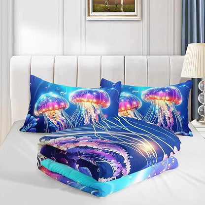 Kids Bedding Colorful Jellyfish Comforter Set,Water Coral Flash Bedding Queen Size Comforter Sets for Girls Boys Room Decor,Marine Life Bedding Comforter Sets with 2 Pillowcases.