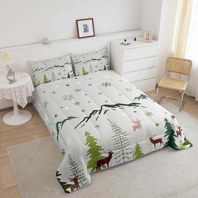 Castle Fairy Christmas Snowflakes Bedding Set Full Size Cartoon Elk Silhouette Comforter Set for Kids Teens Room Decor Mountain Pine Tree Duvet Insert Xmas Theme Animal Down Comforter Set,3Pcs