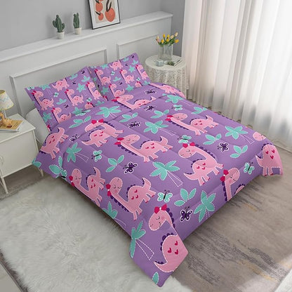 Axolotl Purple Dinosaur Comforter Set King Size,Cute Dinosaur Girls Bedding,Cartoon Dinosaurs Bedding Set for Girls Teens,Kawaii Dino Animal Kids Comforter for Boys Adults,1 Quilt 2 Pillow Cases