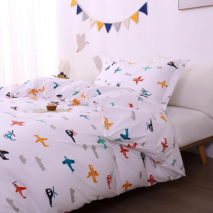 JSD Airplane Kids Duvet Cover Set Full Size, 3 Piece Soft Printed Microfiber Comforter Cover with Pillow Sham Zipper Closure, Comforter Not Included