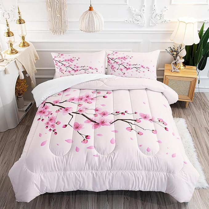 Cherry Blossoms Comforter Set Full Size 3Pcs Romantic Theme Pink Bedding Set Girl Floral Down Quilt with 1 Comforter and 2 Pillowcases