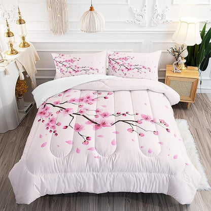 Cherry Blossoms Comforter Set Full Size 3Pcs Romantic Theme Pink Bedding Set Girl Floral Down Quilt with 1 Comforter and 2 Pillowcases