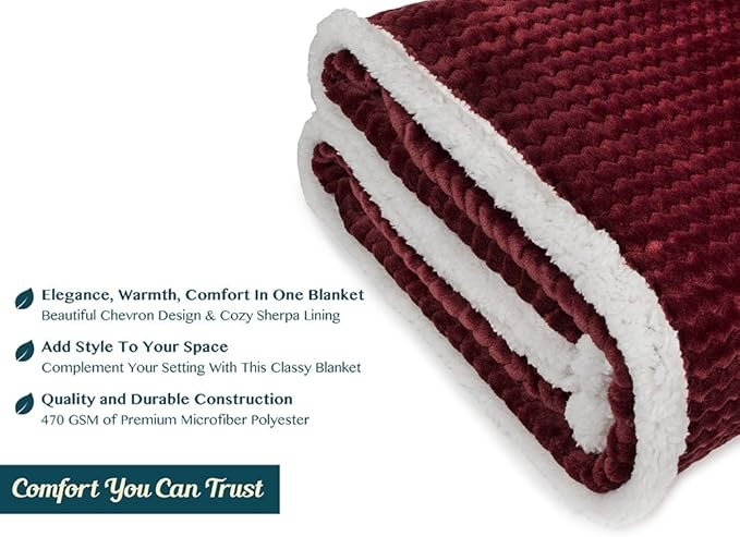 PAVILIA Maroon Red Twin Bed Blanket Reversible Sherpa Chevron, Soft Cozy Jacquard Weave Textured Throw Sofa Couch, Thick Warm Large Fleece Car Blanket, Decorative Plush Home Decor, 60x80 Burgundy Wine