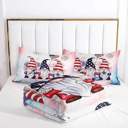 Gnome Bedding Set for Kids Boys Girls, American Flag Comforter Set Twin Size for Festival Celebration, Red Blue Star Quilt with 2 Pillowcases
