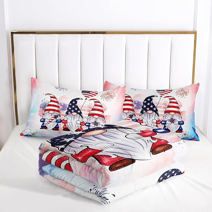 Gnome Bedding Set for Kids Boys Girls, American Flag Comforter Set Full Size for Festival Celebration, Red Blue Star Quilt with 2 Pillowcases