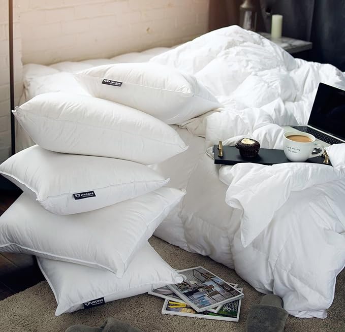 Lincove Down and Feather Luxury Hotel Collection Bed Pillows for Sleeping Made in The USA - 100% Cotton Shell, 600 Thread Count - Soft Hypoallergenic (Queen Size, Pack of 2)