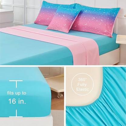 URBONUR 6 Pcs Gradient Comforter Set for Girls Twin Size Pink Purple Blue Colorful Moon Star Rainbow Comforter Bed in A Bag, Soft & Lightweight Kids Teen Bedding Set