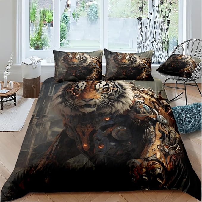 Tiger Bed Sheets Mechanical Style King Size with A Pillow Cases Standard Size,Black Tiger Print Sheet Set for Kids Boys Girls Gorgeous Animal Skin Bedroom Decor, Animal Fitted Flat Sheet