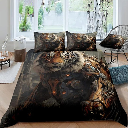 Tiger Bed Sheets Mechanical Style Full Size with A Pillow Cases Standard Size, Black Tiger Print Sheet Set for Kids Boys Girls Gorgeous Animal Skin Bedroom Decor, Animal Fitted Flat Sheet