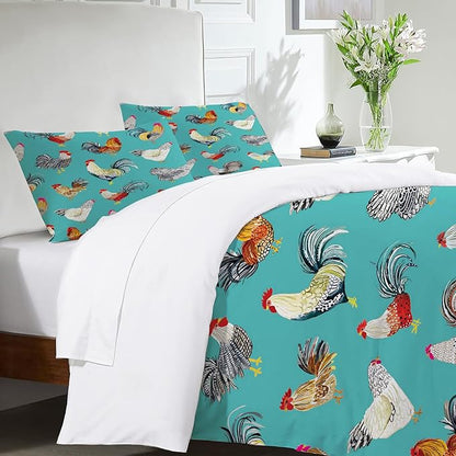 Farmhouse Chicken Theme 3 Pieces Duvet Cover Comforter Set with 2 Pillowcase Twin Size Farm Rooster Bed Sheet Quilt Bedroom Bedding for Lover Kids