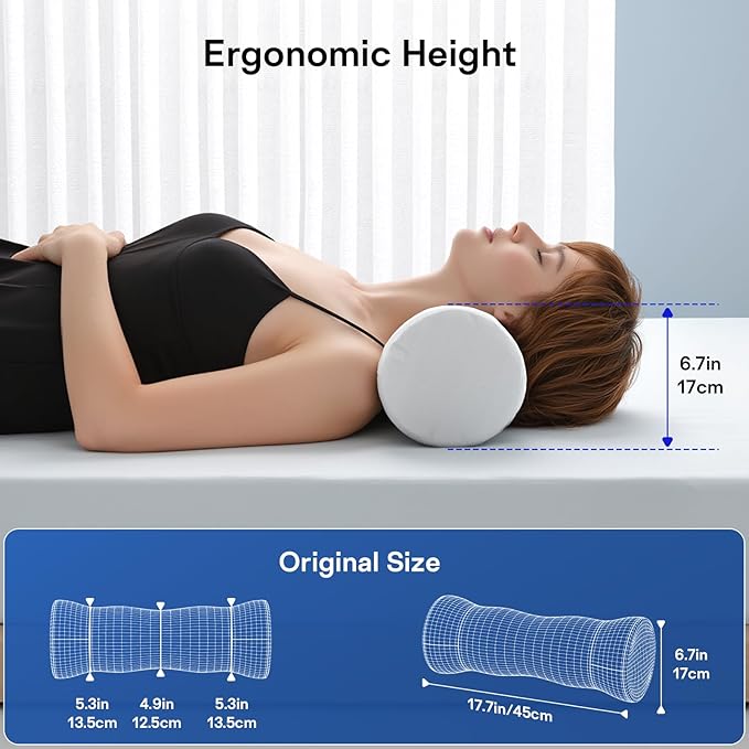 Cervical Roll Pillow - Ergonomic Design Round Neck Pillow Roll with Cooling Cover - Memory Foam Cylinder Bolster Pillows for Neck Support, Leg, Back, Yoga (Blue White)