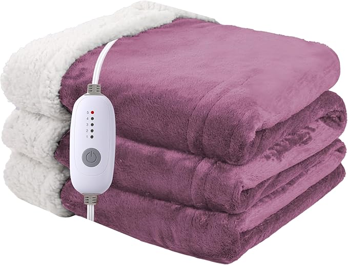 Heated Blanket Electric Throw 50''x60'', 3 Hour Auto Shut-Off 5 Heating Levels Small Warm Soft Flannel Electric Blanket Machine Washable - Purple