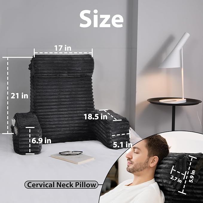 ENITYA 22" XL Back Pillow for Bed Sitting up, Built-in Arms & Big Pockets, Reading Pillow for Sitting in Bed Adult, Ideal for Sitting up/Watching TV/Reading/Gaming/Resting/Post Surgery, Black