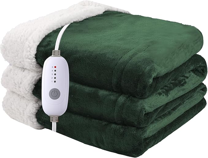 Heated Electric Blanket Queen Size 84''x90'', Dual Controller Soft Flannel with 5 Heat Settings 10 Hour Auto Off Large Blanket for Bed- Grass Green