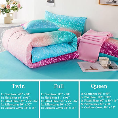 URBONUR 6Pcs Glitter Comforter Set for Girls Twin Size Gradient Tie Dye Purple Blue Bedding Set Comforter with Sheet Set, Ultra Soft and Breathable Kids Bed Set for Teen Girl