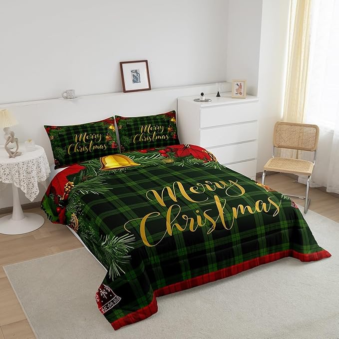 Red Blue Merry Christmas Comforter Set for Kids Boys Girls,Christmas Balls Bedding Set,Vintage Xmas Grid Lattice Duvet Insert Twin,Happy Holiday Down Comforter with 1 Pillowcase Bedroom Decor