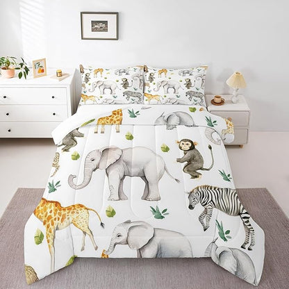 Castle Fairy Wild Animal Theme Comforter Set Toddler Size Monkey Elephant Giraffe Bedding Set Bedroom Decor Tropical Wildlife Quilt Set for Kids Boys Girls Green Leaves Duvet Insert 2Pcs