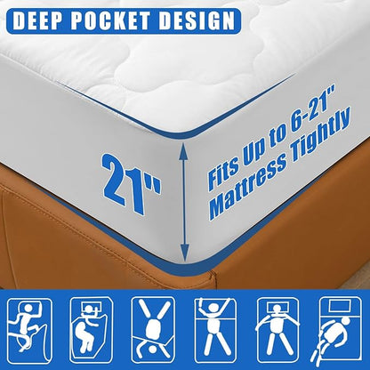 Waterproof Mattress Protector Full Size, 6''-21'' Deep Pocket Fitted Quilted Mattress Pad Cover, Breathable, Hollow Cotton Alternative Filling Mattress Pad Cover, Full Size