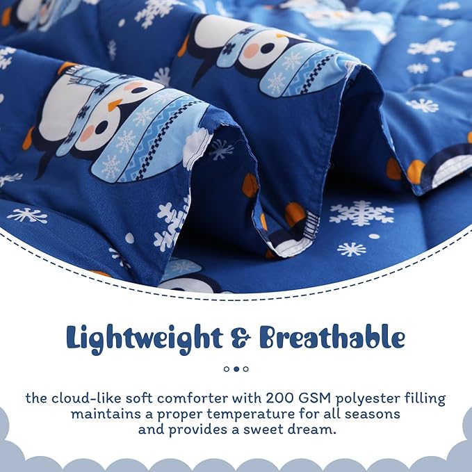 JSD Penguin Snowflakes Kids Christmas Comforter Set Queen Size, 3 Piece Xmas Printed Microfiber Bedding Set, Machine Washable