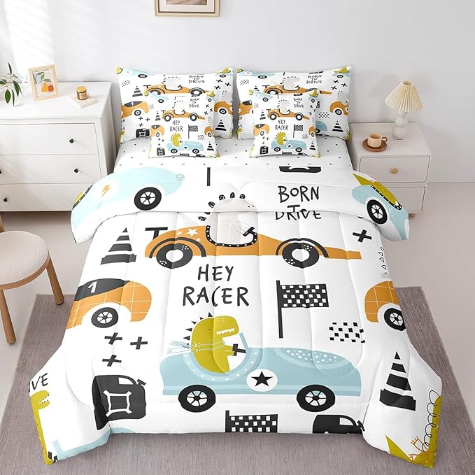 Feelyou Cartton Car Kids Comforter Set with Sheets 7 Piece Queen Size Racing Sports Game Bedding Set Decor Cute Dinosaur Racer Bed in a Bag Gift for Racing Lover White Blue Bed Set Bedroom