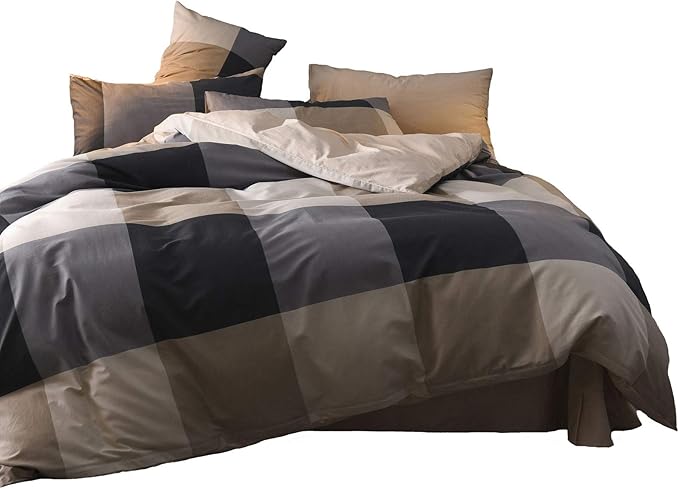 Buffalo Plaid Duvet Cover Queen, 100% Cotton Check Geometric Bedding 3pc Set, Grey Hotel Quality Gingham Plaid Print Nordic Style Reversible Solid Color Duvet Cover with Zipper Closure (NO Comforter)