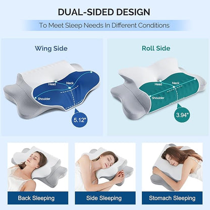 Cervical Pillow for Neck Pain Relief，Ergonomic Cooling Dual-Sided Orthopedic Neck Pillow with Ice Silk Pillowcase, Breathable Memory Foam Contour Pillow for Side, Back, Stomach Sleepers