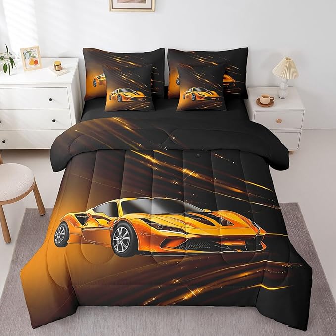 Feelyou Boys Yellow Race Car 7 Piece Bedding Set King Size Speed Sports Car Comforter Set with Sheets for Kids Teens Adult Fast and Furious Bed in a Bag Yellow Ombre Bed Set