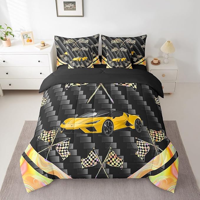 Feelyou Yellow Race Car 7 Piece Bedding Set King Size Extreme Sports Comforter Set with Sheets for Kids Teens Adult Fast and Furious Bed in a Bag Dazzling Flag Bed Set