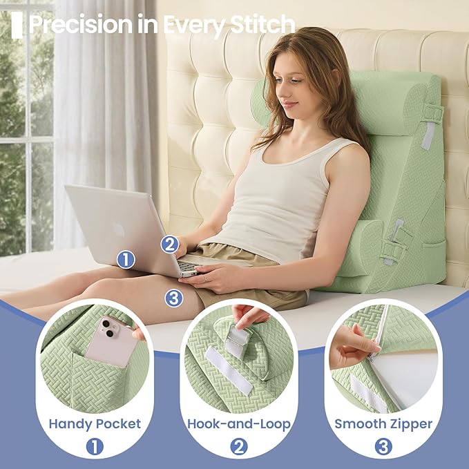 Sasttie Wedge Pillow Set for After Surgery, 3PCS Adjustable Bed Wedge Pillow Headboard with Memory Foam Neck Cushion – for Acid Reflux, Sleeping, Neck & Back Support, Sage
