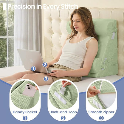 Sasttie Wedge Pillow Set for After Surgery, 3PCS Adjustable Bed Wedge Pillow Headboard with Memory Foam Neck Cushion – for Acid Reflux, Sleeping, Neck & Back Support, Sage