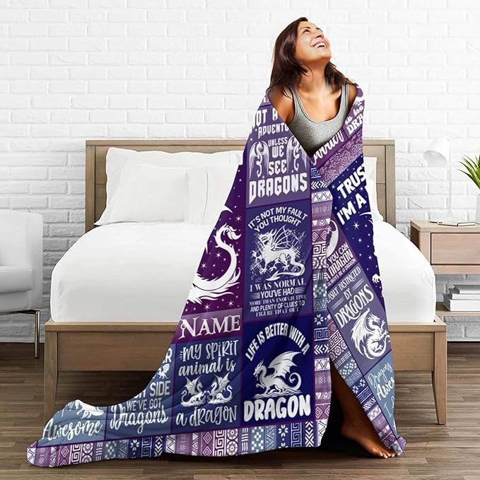 Custom Dragon Blanket with Name for Boys Girls, Personalized Cute Dragon Themed Design Printed Purple Throw Blankets for Kids Lap, Chair, Giftable Blanket, 30"x 40"