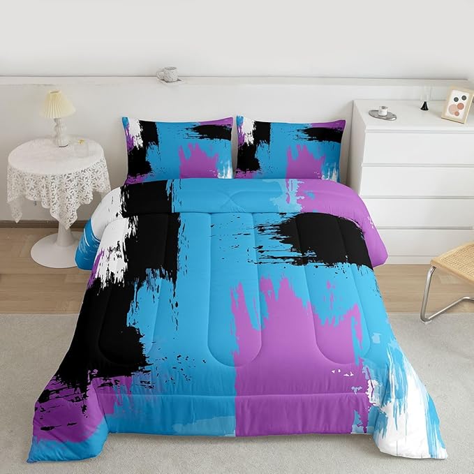 Feelyou Abstract Comforter Modern Abstract Art Comforter Set for Boys Girls Children Purple Blue Black Pattern Bedding Set Room Decor Twin Size Duvet Set 2Pcs