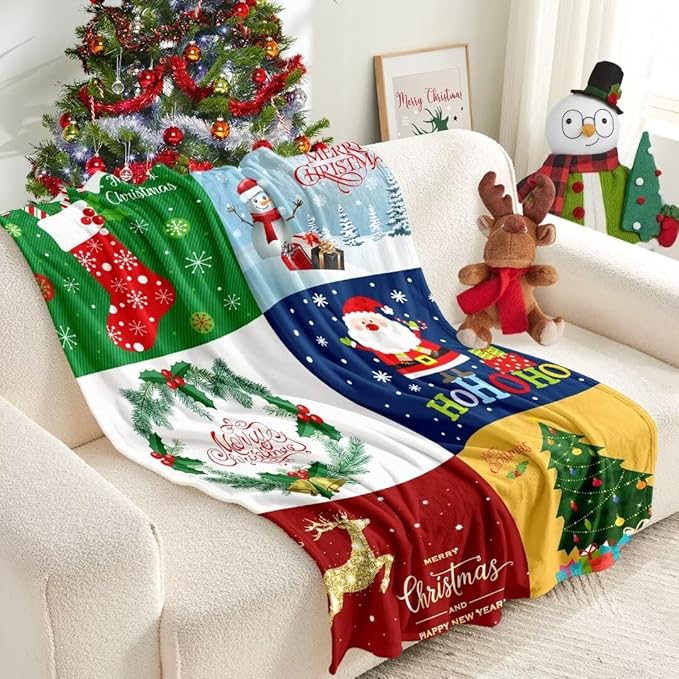 Christmas Blanket Santa Claus Deer Flannel Throw Blanket Soft Plush Snowman Blanket for Couch Sofa Bed Christmas Home Decor 50x60”