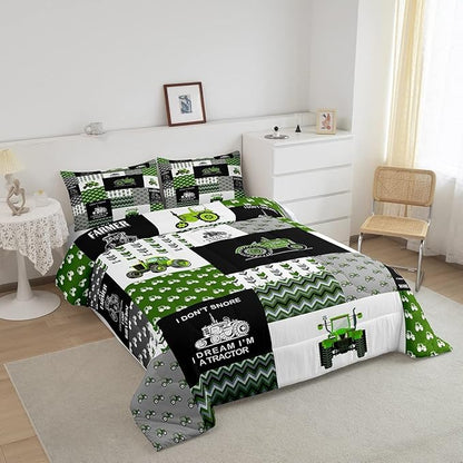 Feelyou Tractor Comforter Set Cartoon Farm Tractor Down Duvet for Kids Boys Girls Truck Car Bedding Set Harvester Excavator Comforter Green 1 Comforter Set with 2 Pillowcases Full Size