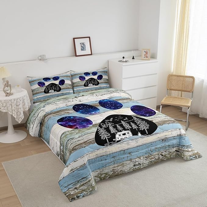 Castle Fairy Rustic Farmhouse Full Size Comforter Set Vintage Wood Bedding Set for Kids Adults Teens Blue Starry Sky Comforter Luxury Bear Print Quilt Set Room Decor 3Pcs