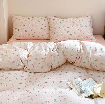 Floral Duvet Cover Queen Size Pink Flower Coquette Bedding Set 3 Pieces Kids Boys Girls Princess Style Green Botanical Reversible Ultra Soft Breathable Duvet Cover Set