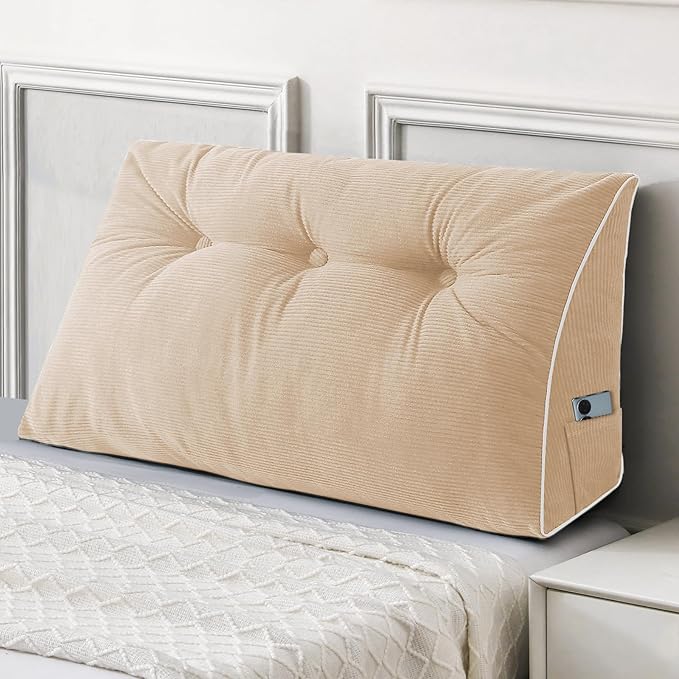 Sasttie Headboard Pillow Twin/Twin XL, Wedge Pillow Headboard for Dorm, Triangular Daybed Backrest Cushion for Sitting or Reading in Bed, with Removable Washable Cover, Beige