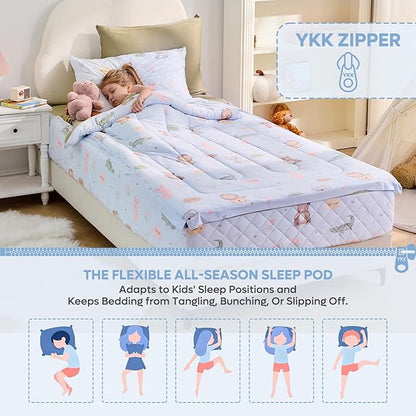 Bestier Twin Size 4Pcs Kids Comforter Sets, Zipper Bedding Set for Boys, Kids Bedding Set Cartoon Comforter for Kid, Zipper Bedding Certified - OEKO-TEX100, (Light Blue, Twin, 39"x75")