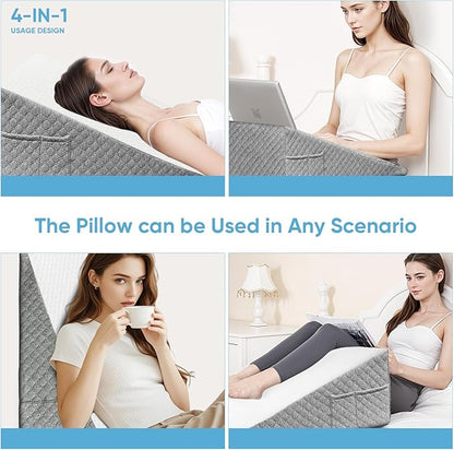 Wedge Pillow, 12 Inch Bed Wedge Pillow for Headboard, Pillow Wedge for Acid Reflux Relief, After Surgery, Sleeping，Back Pain Relief, Memory Foam Top, LightGrey