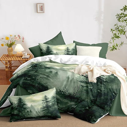 Pine Tree Duvet Cover Full Size Forest Olive Green Duvet Cover Set Gradient Watercolor Botanical Bedding Set Soft Breathable Microfiber Comforter Cover(2 Pillowcases, No Comforter)