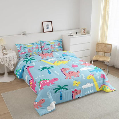 Cute Dino Kids Comforter Set Queen Size,Cartoon Dinosaur Kawaii Wildlife Reversible Bedding Set for Adult,Lovely Cloud Butterflies Blue Luxury Bed Duvet Insert,2 Pillowcases