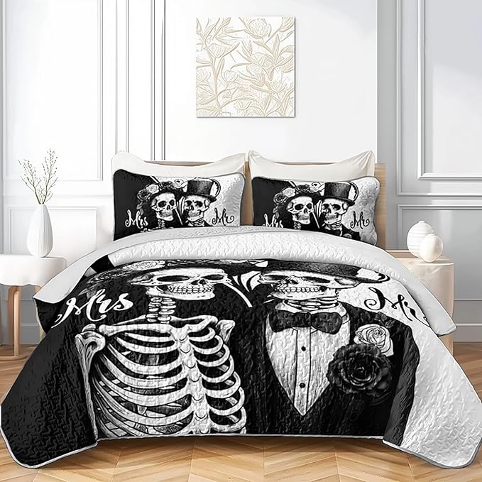 AILONEN Black and White Full Size Quilt Set,Mr Mrs Skull Bedspread Coverlet + 2 Pillowcases,3Pcs Valentines Skeleton His Hers Bed Cover for Couples Lovers