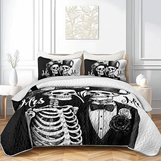 AILONEN Black and White Twin Size Quilt Set,Mr Mrs Skull Bedspread Coverlet + 2 Pillowcases,3Pcs Valentines Skeleton His Hers Bed Cover for Couples Lovers