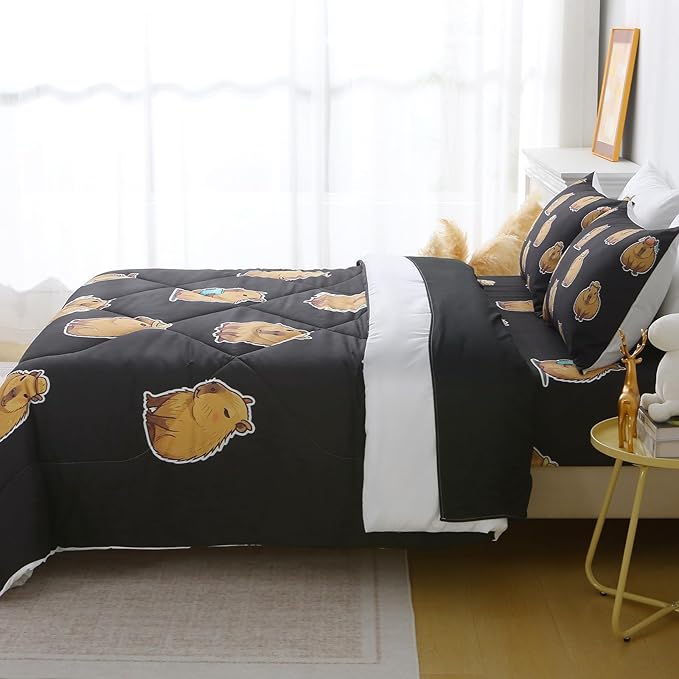 Wajade Capybara Comforter Set 7 Piece Cute Black Animal Bedding Set Capybara for Boys Girls Room Decoration Twin Size with Sheet and 2 Pillowcases 2 Pillow Shams Cute Bed in a Bag as Birthday Gift