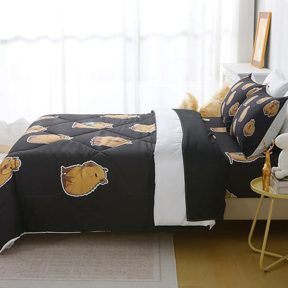 Wajade Capybara Comforter Set 7 Piece Cute Black Animal Bedding Set Capybara for Boys Girls Room Decoration Twin Size with Sheet and 2 Pillowcases 2 Pillow Shams Cute Bed in a Bag as Birthday Gift