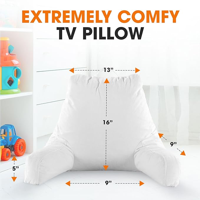 Cheer Collection Reading Pillow with Arms – Portable Bed Pillow for Sitting Up & Support, Hollow Fiber-Filled Back Rest Pillow for Sitting in Bed & Couch, Machine Washable, White (Small)