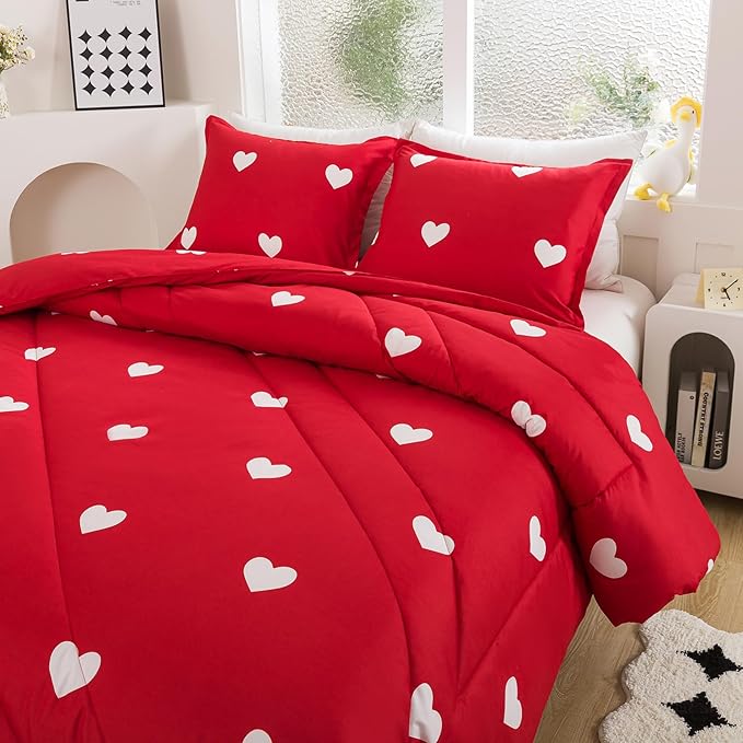 Caressma Love Queen Comforter Set - Romantic White Heart Print Red Bedding Comforter 3 Pieces Matching Pillowshams